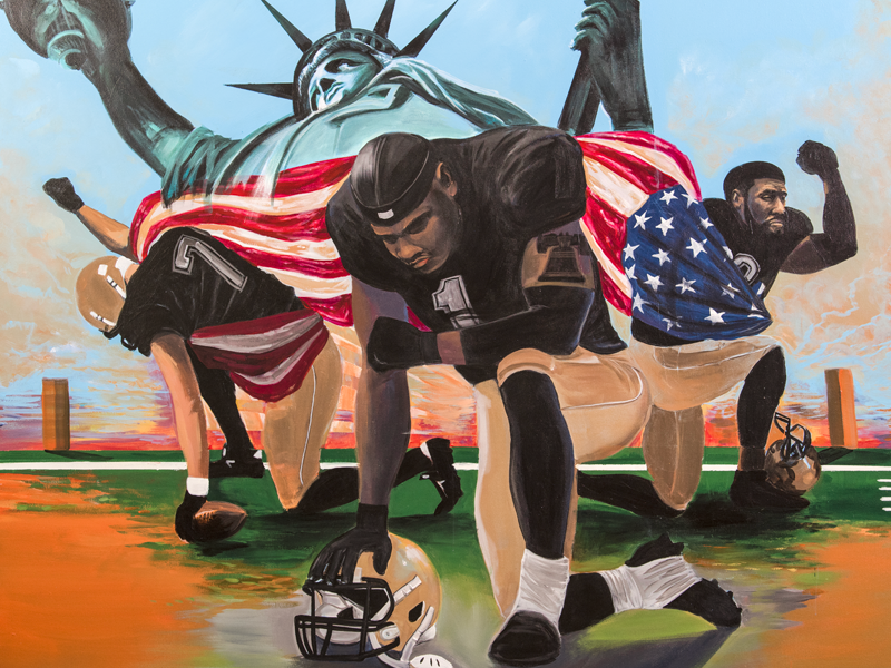 A painting of a statue of liberty and football players.