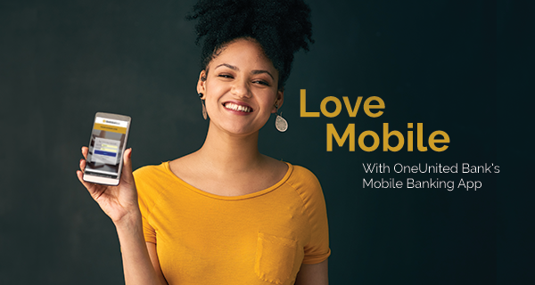 A woman holding up a cell phone with the text love mobile.