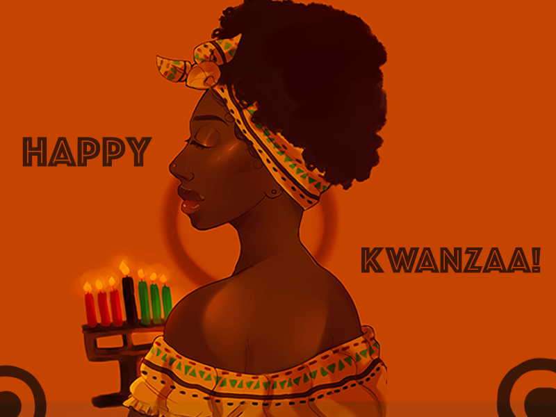 Happy kwanzaa with an african woman holding a candle.