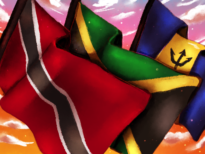 The flags of jamaica, st kitts and nevis, and trinidad and tobago.