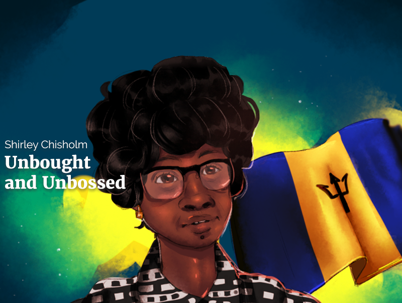 An illustration of a black man in front of the flag of barbados.