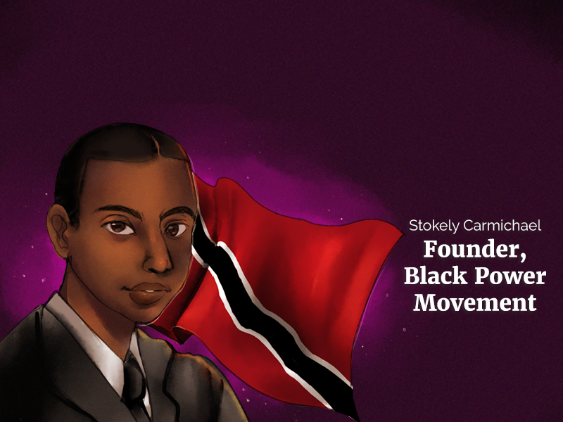 A black man holding a black flag with the words sylvia carmichael founder black power movement.