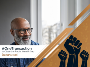 A man with a fist in front of a window with the words onetransaction social wealth cap.
