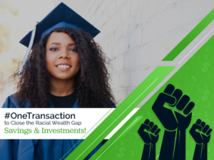 A woman in a graduation cap and gown with the words onetransaction to the social wealth cap savings and investments.