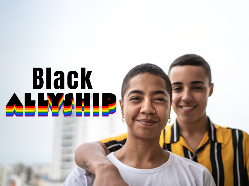 Two young people posing for a photo with the words black allyship.