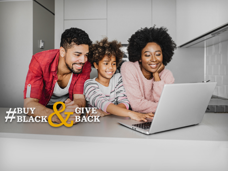 A family is looking at a laptop with the text buy and give black back.