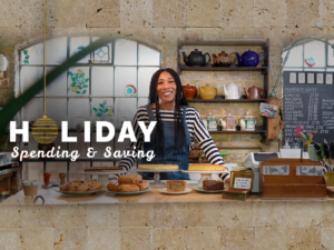 A woman is standing in front of a bakery with the words holiday spending and baking.