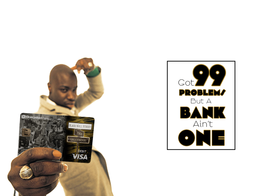 A man holding up a credit card with the words 99 problem bank one.