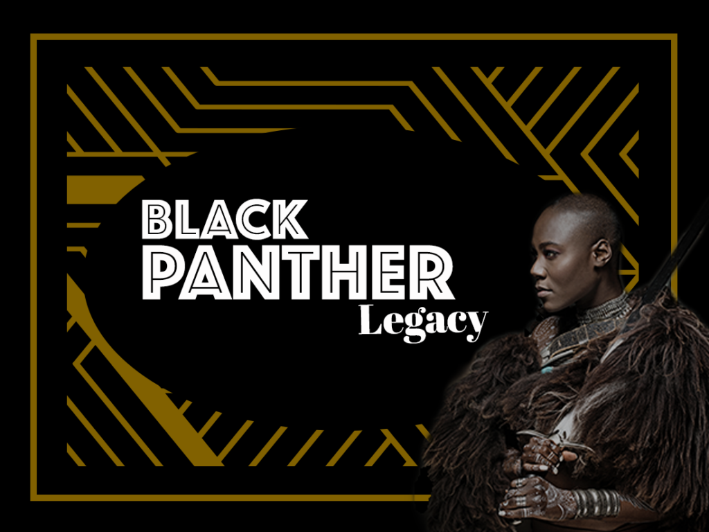 The black panther legacy logo with a woman holding a sword.