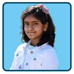 A young girl wearing a white jacket and a blue background.