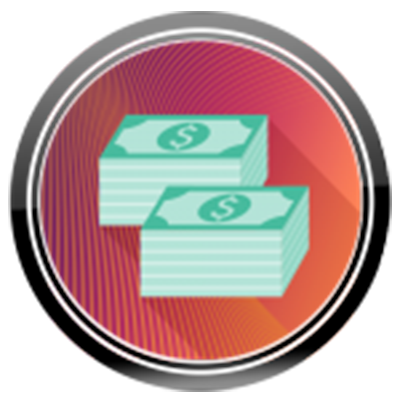 A stack of money in an orange and purple circle.