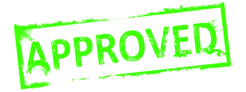 The word approved in green on a black background.