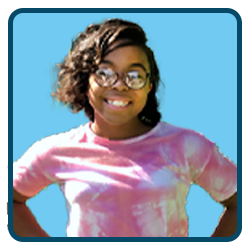 A young girl wearing glasses and a tie dye t - shirt.