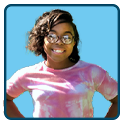 A young girl wearing glasses and a tie dye t - shirt.