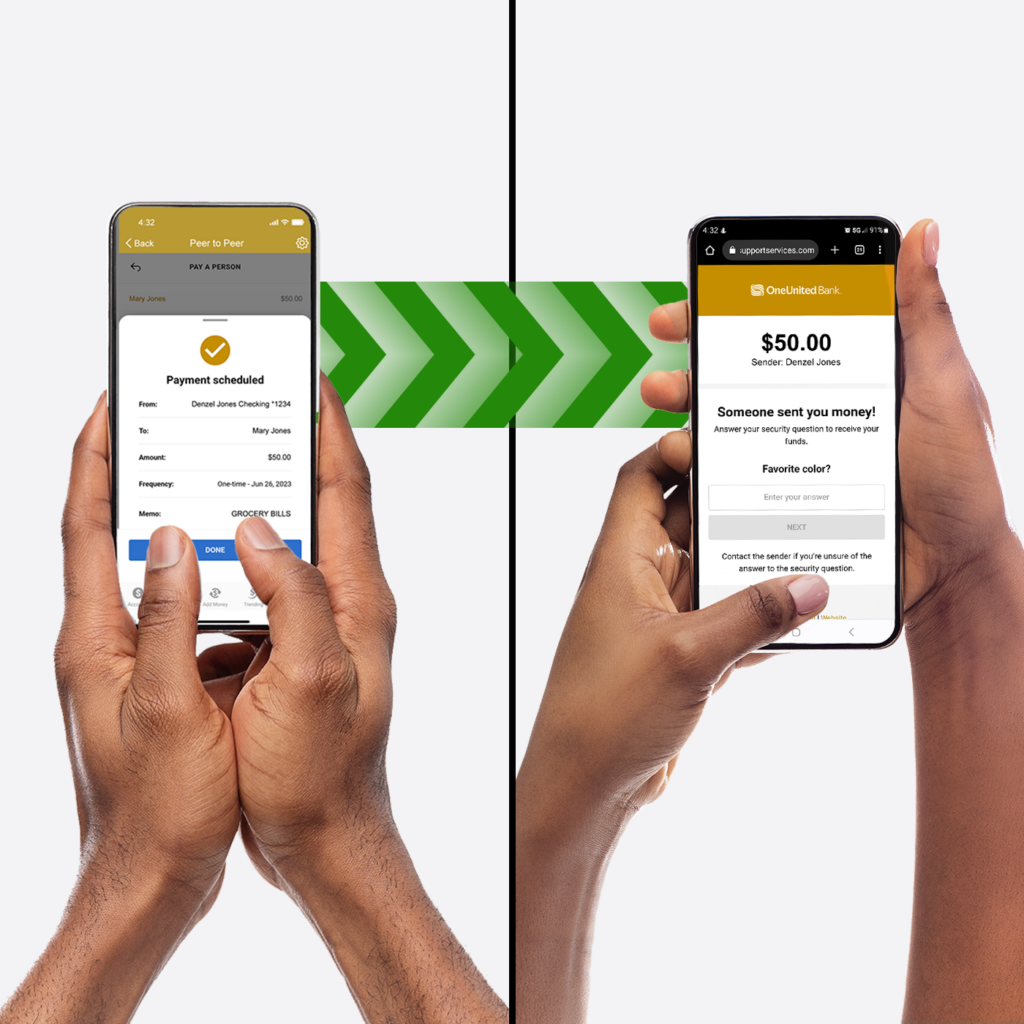Two hands holding smartphones; one screen shows a payment being sent, and the other screen shows a payment received, with green arrows indicating the transfer between devices.