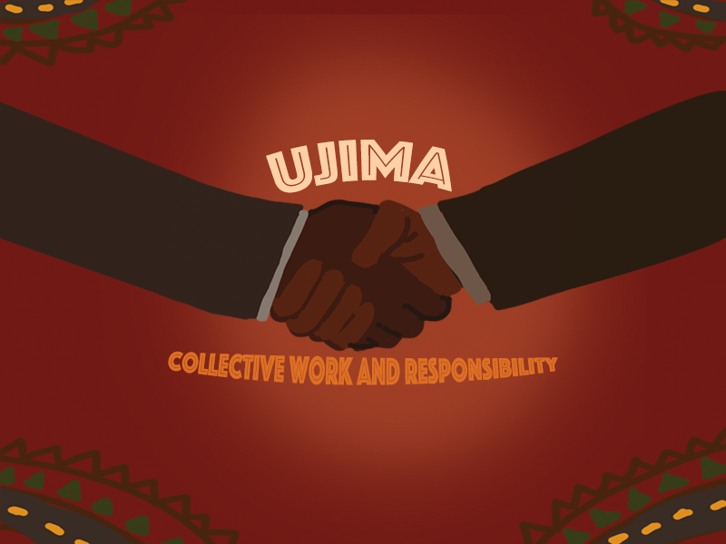 Two people shaking hands with the words ujima collective work and responsibility.