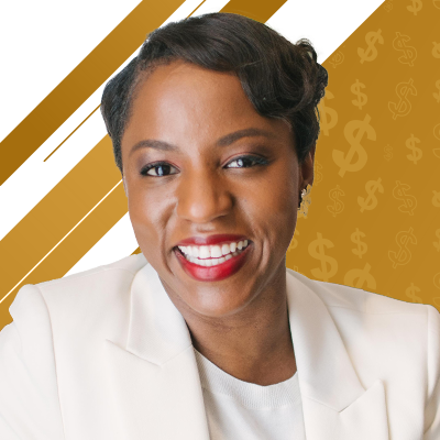 A black woman smiling in front of a gold background.