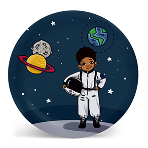 A plate with a cartoon astronaut and planets on it.