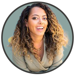 A woman with curly hair smiling in a circle.