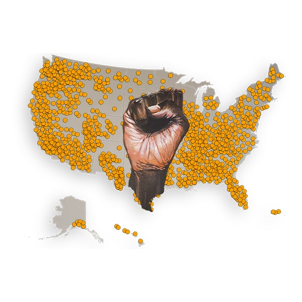 Empowerment Map of the united states with a celebratory fist in the air