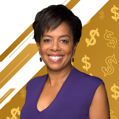 A woman in purple standing in front of a gold background with dollar signs.