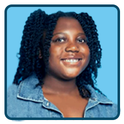 A young woman with curly hair smiling in front of a blue background.