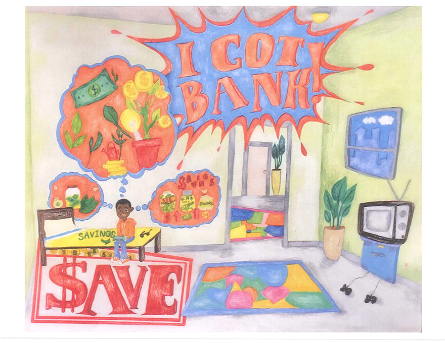 A drawing of a child in a room with the words i got bank save.