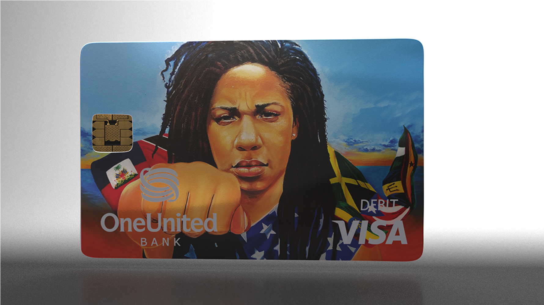 A card with a picture of a woman with dreadlocks.