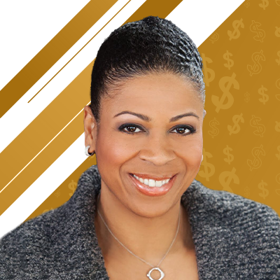 An image of a woman smiling in front of a yellow and gold background.