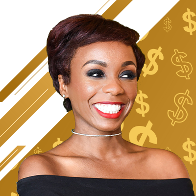 A woman smiling in front of a gold background with dollar signs.