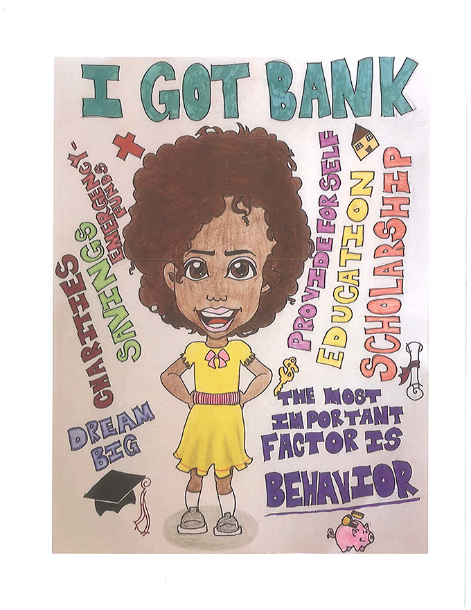 A drawing of a girl with the words i got bank.