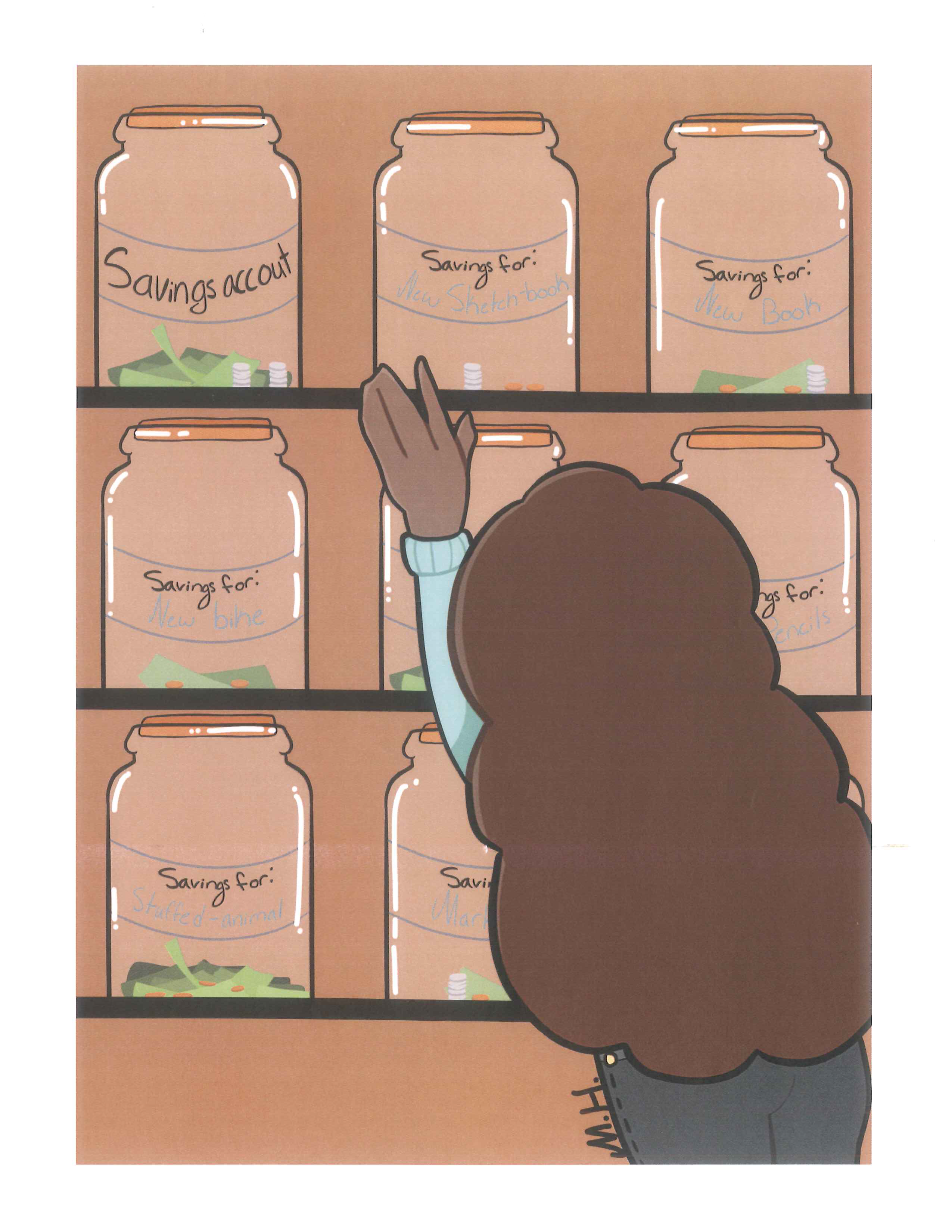 A cartoon of a girl looking at jars of food.