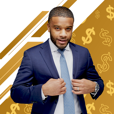 A man in a suit standing in front of a gold background with dollar signs.