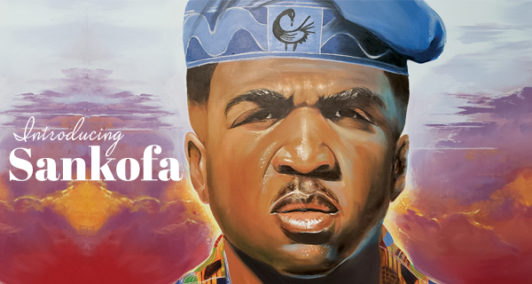 A painting of a man wearing a hat with the words sankofa.