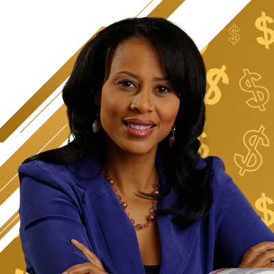 A woman is sitting in front of a gold background with dollar signs.