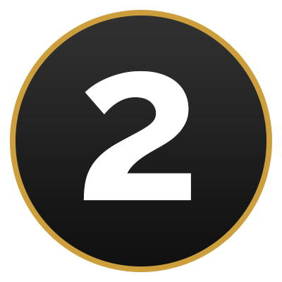 The number two in a gold circle on a black background.
