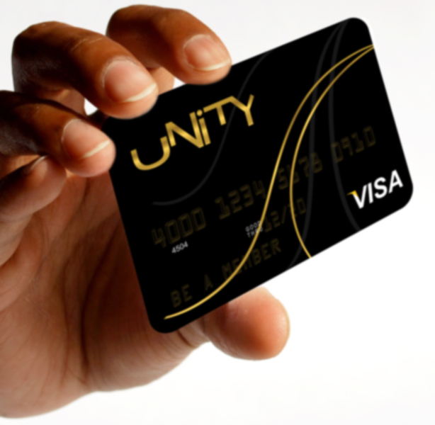 A person holding a black credit card with the word unity on it.
