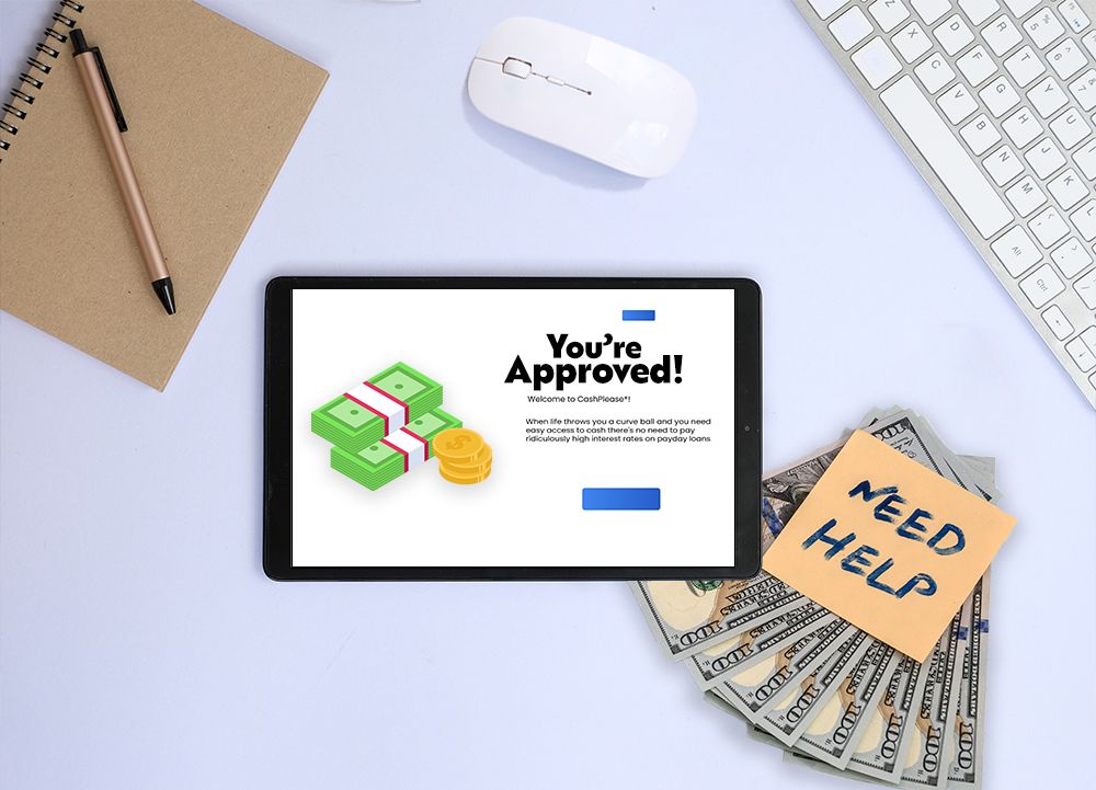 Tablet with "You're Approved!" message and a stack of cash next to it.