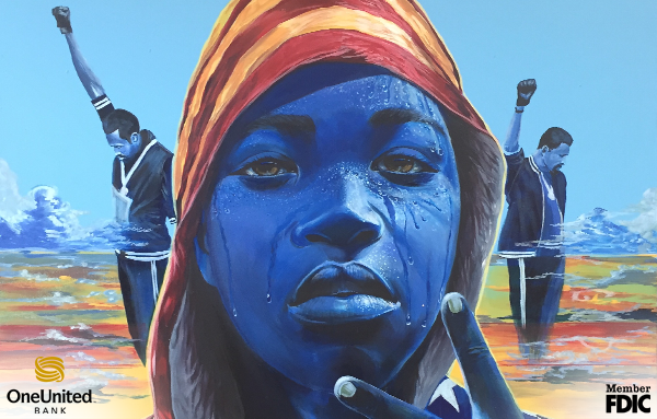 A painting of a woman with blue paint on her face.