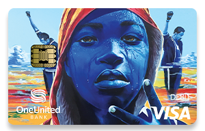 colorful credit card design with a person with blue skin