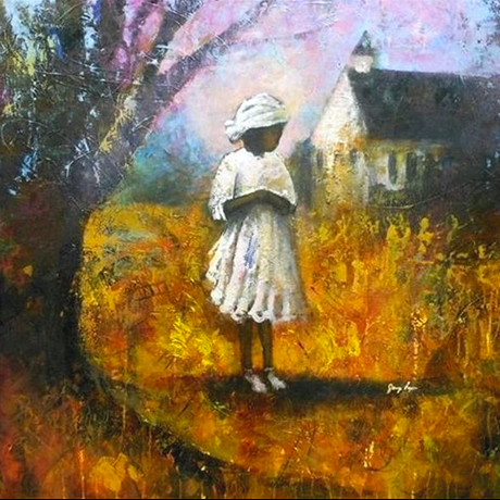 A painting of a girl in a white dress standing under a tree.