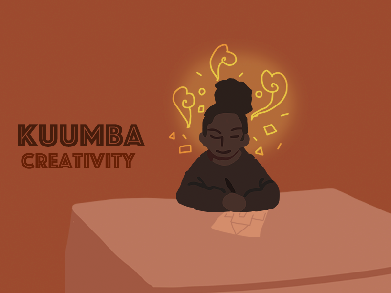 Kumbia creativity - a cartoon of a woman writing at a table.