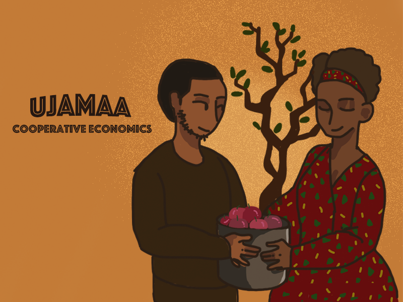 A cartoon illustration of a man and woman holding a potted plant.