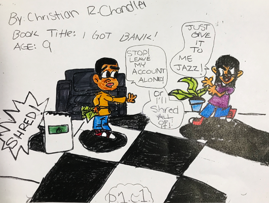 A drawing of a man and a woman on a checkered floor.