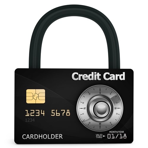 A credit card with a padlock on a white background.