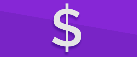 A white dollar sign on a purple background.