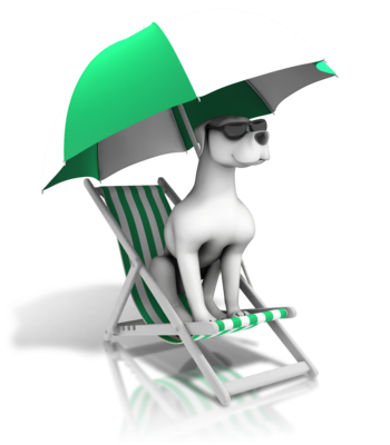 A dog sitting on a beach chair under an umbrella.