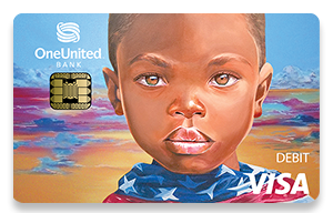 colorful credit card design of a child wearing an american flag