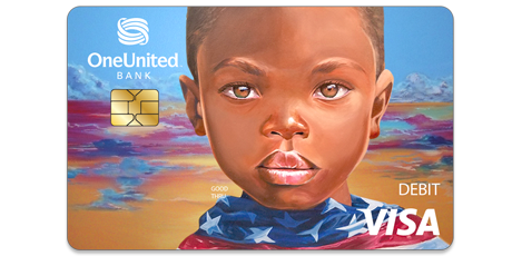 A credit card with an image of an african child.
