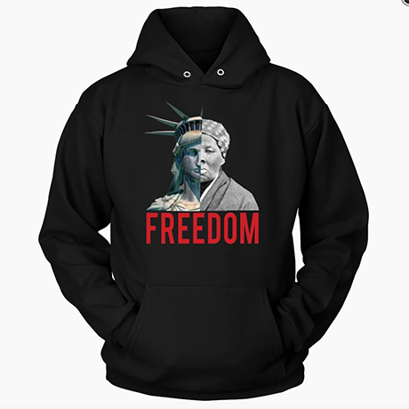 A black hoodie with the statue of liberty on it.